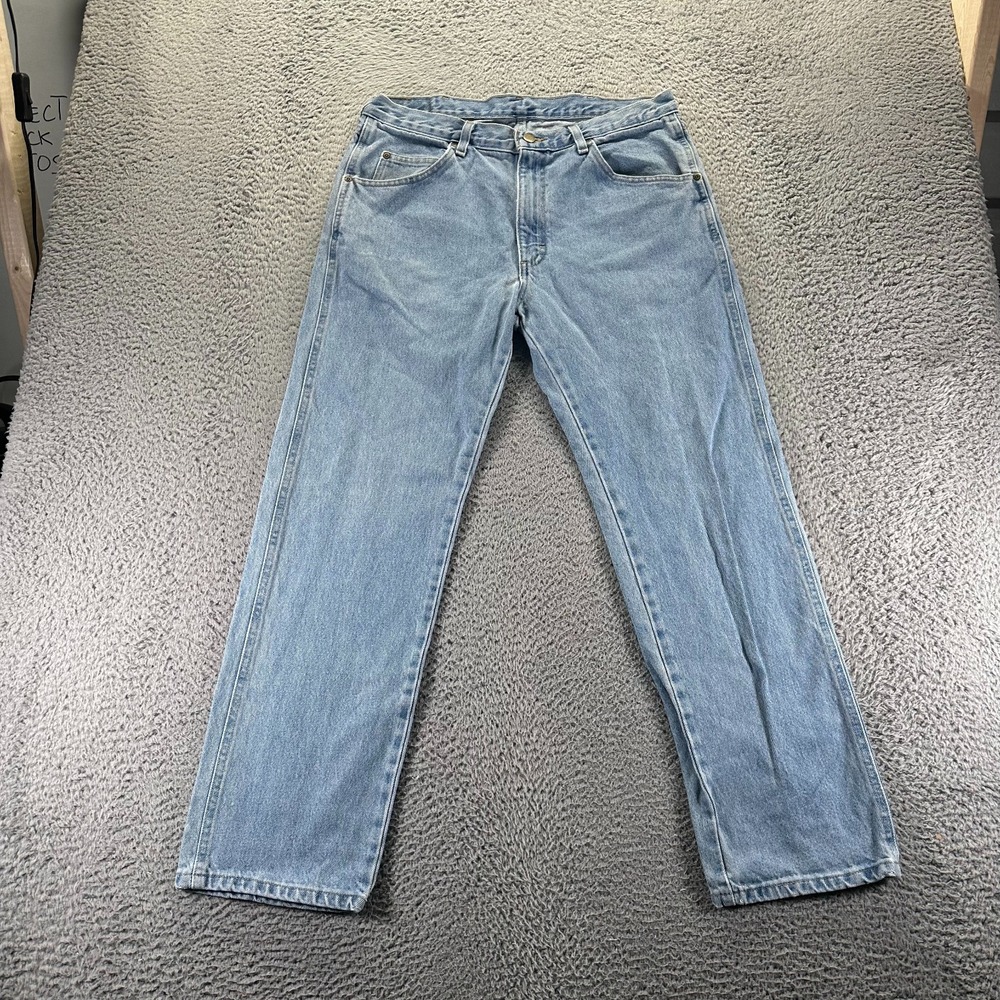 Wrangler Jeans Mens 34x30 Blue Cotton Denim Straight Faded Light Wash Workwear